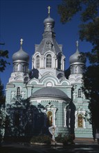 UKRAINE, Odessa, Pale green and white painted exterior facade of Ukrainian Orthodox Church with
