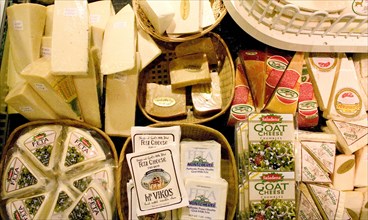USA, Minnesota, St Paul, A selection of goat and feta cheese displayed at the Mississippi Market a