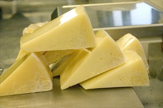 USA, Minnesota, St Paul, Wrapped wedges of Park brand Parmesan Cheese from Wisconsin ready to be