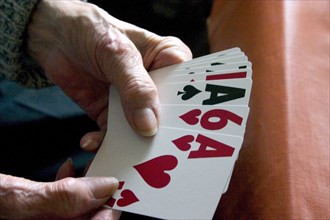 USA, Minnesota, Edina, Elderly woman playing card game with large print cards.