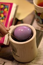 USA, Minnesota, St Paul, Child dipping Easter egg into a mug of purple dye.