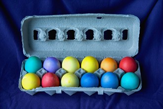 USA, Minnesota, St Paul, A dozen dyed Easter eggs in a carton.