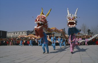 CHINA, Hebei, Beijing, Dragon dance for Chinese New Year celebrations.