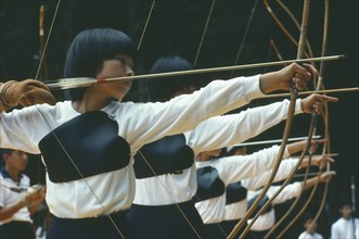 JAPAN, Kyushu, Archers taking part in Kaseda Samurai Festival.  Archery or Kyudo or Way of the Bow