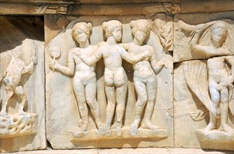 LIBYA, Tripolitania, Sabratha, Bas relief carvings of mythological figures on white marble pulpitum