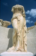 LIBYA, Tripolitania, Sabratha, Bas relief carving of mythological figure on white marble pulpitum