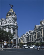 SPAIN, Madrid State, Madrid, Alcala Grand Via Junction. View over road and traffic towards the