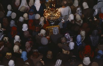 RUSSIA, Moscow, Looking down on congregation at Easter service in St Daniil Monastery.