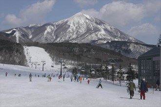 JAPAN, Fukushima, Aizu-Wakamatsu, Bandai Kogen ski resort in the winter with Mt Bandai and