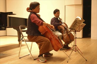 JAPAN, Chiba, Tako, "53 year old public health nurse named Teruko Ui plays cello with teacher