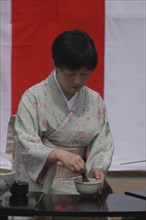 JAPAN, Chiba, Yokaichiba, "Licensed tea master Chiharu Koshikawa prepares green tea ""macha"" at a