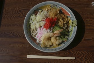 JAPAN, Chiba, Tako, "Bowl of "" hiyashi tanuki soba"" chilled raccoon dog buckwheat noodles,