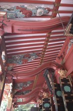 JAPAN, Honshu, Tokyo, Nezu Jinja. Momoyama style elaborate decoration of the shrine's veranda in a