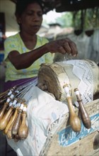 SRI LANKA, Weligama, Woman making lace in a workshop
