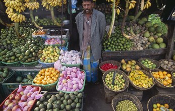 SRI LANKA, Haputale, Fruit stall and vendor.