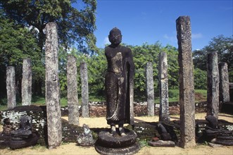 SRI LANKA, Polonnaruwa, The Atadage. Standing Buddha statue among stone columns within the