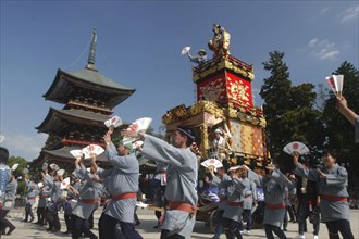 JAPAN, Chiba, Narita , Gion Matsuri. Members dance in front of Narita san Temple before pulling