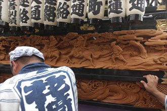 JAPAN, "Chiba,", Narita, Gion MAtsuri. Elaborate traditional wood carving detail on a panel on one