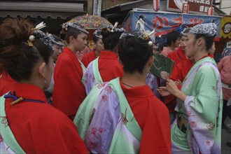JAPAN, Chiba, Narita, Women aged 20-30 years old in traditional Edo-era costumes get instructions