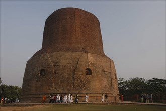 INDIA, Uttar Pradesh, Sarnath, Pilgrims from Thailand walk around Dhamek Stupa led by monks