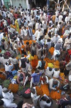 INDIA, Uttar Pradesh, Varanasi, View looking down on busy flower market with a majority of male