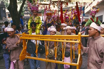 THAILAND, Chiang Mai, Shan Poi San Long. Crystal Children ceremony with musicians in Shan costumes