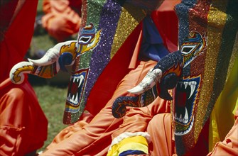 THAILAND, Loei Province, Dan Sai, Phi Ta Khon or Spirit Festival. People wearing brightly coloured