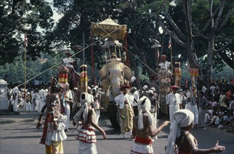 SRI LANKA, Kandy, "Esala Perahera festival parade with decorated Maligawa Tusker elephant carrying