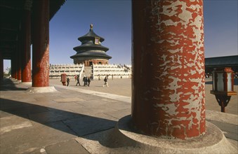 CHINA, Beijing, Temple of Heaven.  Hall of Prayer for Good Harvests through colonnade of pillars