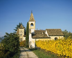 ITALY, Trentino Alto Adige, Appiano, Farmhouse and chapel in vineyard.