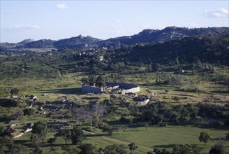 ZIMBABWE, Landscape, Aerial view over Great Zimbabwe Ruins.