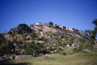 ZIMBABWE, Landscape, Great Zimbabwe Ruins.  Granite fortifications on hilltop.