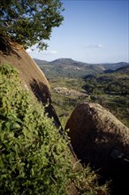 ZIMBABWE, Landscape, View over village huts and countryside.