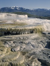 USA, Wyoming, Yellowstone National Park. Mammoth Hot Springs. View over white and yellow sulphur
