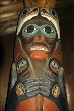 USA, Alaska, Ketchikan, Carved wooden Totem pole detail