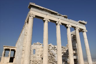 GREECE, Athens, Acropolis. Angled view of the columns of the Erechtheion ruins