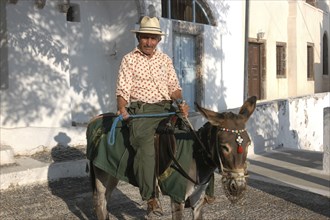 GREECE, Cyclades, Santorini, Man on the back of a donkey in the street