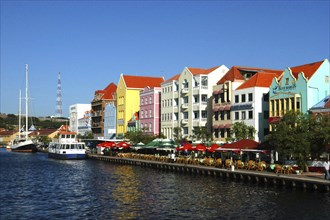 WEST INDIES, Dutch Antilles, Curacao, Willemstad harbour front colourful colonial style
