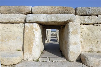 MALTA, Hagar Qim, Huge limestone slab entrance way of the temple dating from circa 3000BC