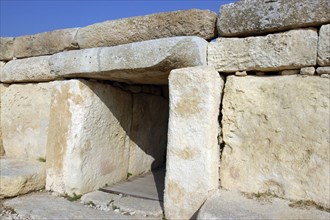 MALTA, Hagar Qim, Huge limestone slab entrance way of the temple dating from circa 3000BC