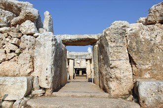 MALTA, Hagar Qim, View along passage way of the temple constructed of huge limestone slabs dating