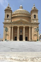 MALTA, Mgarr, Church facade with corner towers and domed roof