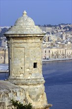 MALTA, Vittoriosa, View of fortification sentry post overlooking harbour