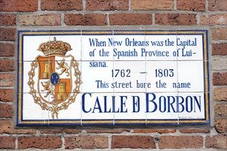 USA, Louisiana, New Orleans, French Quarter. Historical mural on the wall explaining the history of