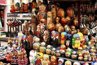 RUSSIA, St Petersburg, Display of traditional and modern themed Russian Matryoshka Dolls for sale