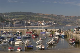 ENGLAND, Dorset, Lyme Regis, View of the town across the harbour from The Cobb.