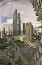 MALAYSIA, Kuala Lumpur, The Petronas Towers seen through a Fish eye lens