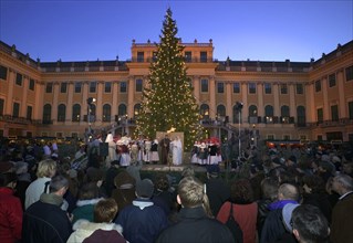 AUSTRIA, Vienna, Crowds watching a nativity scene performed beneath the Christmas tree at the