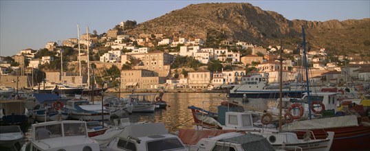 GREECE, Saronic Islands, Hydra, View of the port in Hydra Town.