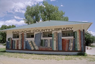 USA, Colorado, Saguache County, Library building with books painted on the exterior walls